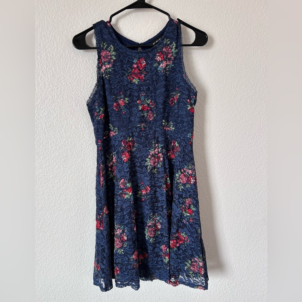 My Michelle Navy Lace Floral Midi Dress, Summer, Lace, flowy, whimsy, Feminine,